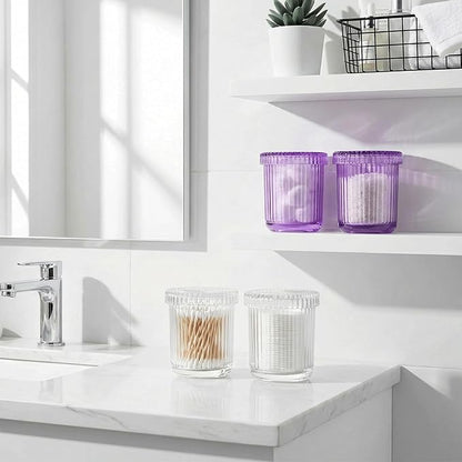 2 Pack Qtip Holder - Apothecary Jars with Lids, Bathroom Organizers and Storage Canister for Cotton Balls,Swabs,Floss Picks,Hair Ties,Clear Glass Vintage Bathroom Decor Jar Set (purple)