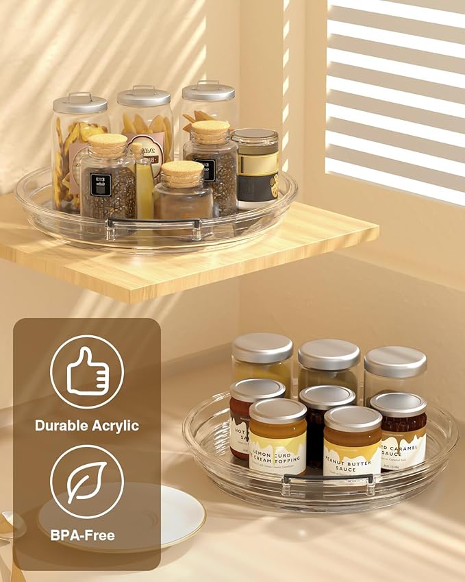 INCOSTAR 2 Pack Lazy Susan Organizer 9.25''and 11.81'' Two-Tier Lazy Susan Turntable for Cabinet, Spice Rack, and Pantry Storage - Spinning Makeup Organizer for Bathroom, Clear