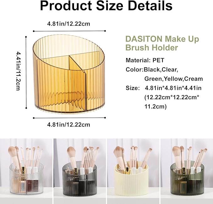 DASITON 3 Slots Makeup Brush Holder, Acrylic Makeup Brush Cup, Vintage Striped Make Up Brush Holder for Vanity Decor, Bathroom Countertops, Desk Storage Container, Cosmetic Display Cases (Yellow)