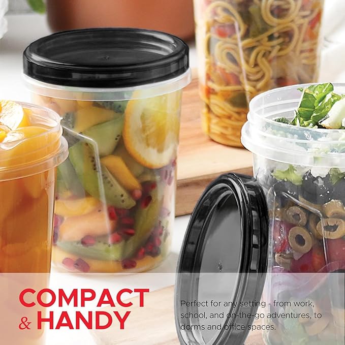 Tafura 10 Pack Leakproof Freezer Containers for Food with Twist Top Lids - 32 Oz BPA Free Reusable Plastic Soup Containers with Screw On Lids - Ideal for Meal Prep, Organization - Midnight Black Lid
