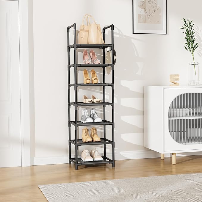 LANTEFUL Tall Shoe Rack 7 Tier Narrow Shoe Shelf Storage for 7-14 Pairs Shoe and Boot, Sturdy Shoe Storage Space Saving Corner Shoe Rack Organizer for Closet, Entryway, Living Room, Black