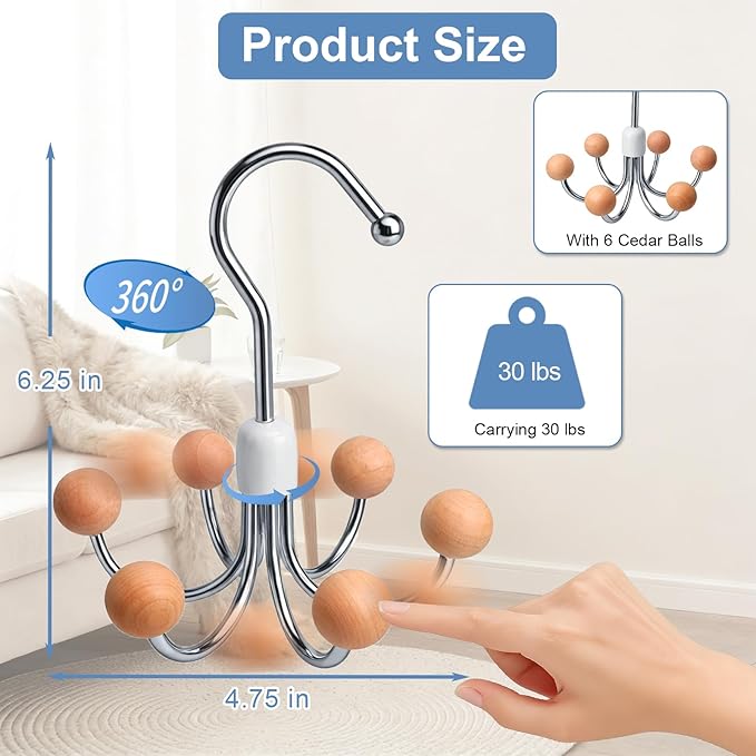 6-Pack 360° Swivel Hoodie & Purse Organizer with Cedar Balls, Multi-Purpose Closet Storage Hanger for Hoodies, Bags, Scarves, Hats, Space Saving, Anti-Slip, Ideal for Dorm, Apartment & Travel