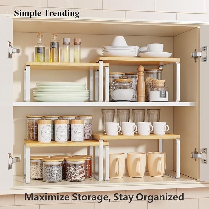 Simple Trending Bamboo Cabinet Organizer Shelf, Set of 4 Kitchen Counter Shelves, Stackable Expandable Spice Rack Pantry Cupboard Organizer, White and Natural