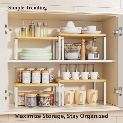 Simple Trending Bamboo Cabinet Organizer Shelf, Set of 4 Kitchen Counter Shelves, Stackable Expandable Spice Rack Pantry Cupboard Organizer, White and Natural