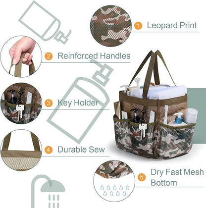 F-color Shower Caddy Portable - Mesh Shower Bag Basket Tote for College Dorm Room Essentials Bathroom Gym Camp Quick Dry for Women Men with S Hook, Brown Camouflage