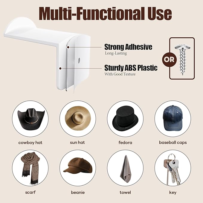 Aoodaily 2.8 Inch Hat Hooks for Wall - (16 Pack) Cowboy Hat Rack, Strong Adhesive Cap Holder, Organizer for Baseball Caps, Western Room Decor - White