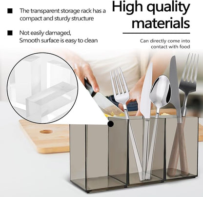 2 Pack Translucent Gray Makeup Brush Holder, 3 Compartment Plastic Pen Organizer, Acrylic Silverware Caddy for Storage Desk Vanity Pencil Utensil Marker Cutlery (Translucent Gray)