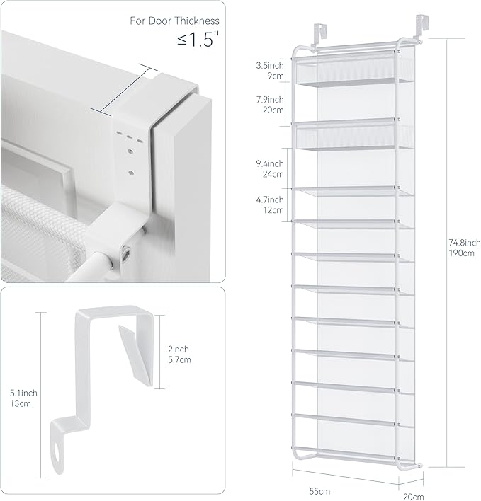 Whitmor 27 Pair Over The Door Shoe Organizer, 11 Tier Hanging Shoe Organizer, Heavy Duty Metal & Mesh Shoe Holder, Hanging Shoe Rack for Closet Organizer & Storage,79.9"L x 21.7"W x 7.5"H, White
