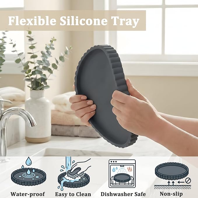 Silicone Bathroom Vanity Tray, Modern Round Decorative Tray for Countertop, Waterproof & Unbreakable Cosmetic Perfume Organizer, Extra-Thick & Sturdy, Easy to Clean Candle Tray (9 inch, Dark Grey)