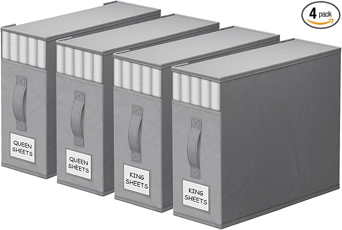 StorageTastic 4 Pack Bed Sheet Closet Organizers and Storage,Sturdy Foldable Storage Containers with Window and Label,Storage and Organization for Bedding Sheets,Duvet Covers,Blankets (Grey)