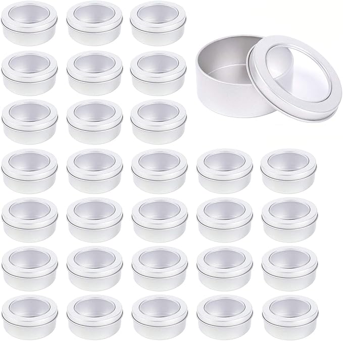 Metal Tin Cans - 2 Ounce Round Empty Containers with Clear Top for Cosmetics Crafts Food Storage Party Favors (30)