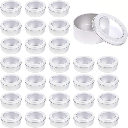 Metal Tin Cans - 2 Ounce Round Empty Containers with Clear Top for Cosmetics Crafts Food Storage Party Favors (30)