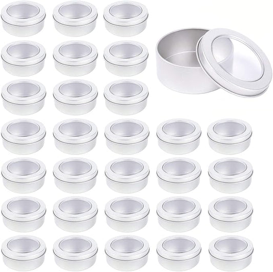 Metal Tin Cans - 2 Ounce Round Empty Containers with Clear Top for Cosmetics Crafts Food Storage Party Favors (30)