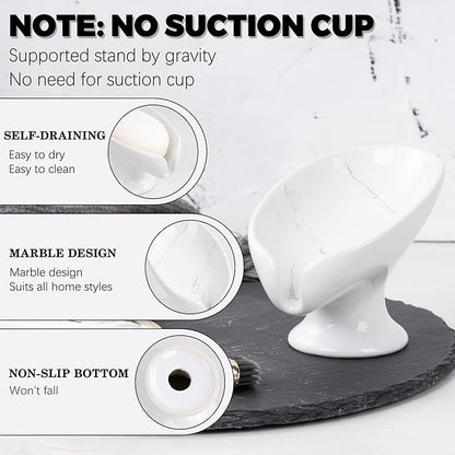 Small Soap Dish, Self Draining Bar Soap Holder for Bathroom Sink, Leaf Shaped Drainage Ceramic with Marble-Pattern Finish, Decorative Soap Dish, No Suction Cup, ANTIS'S HOME