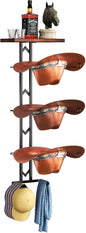 Cowboy Hat Rack for Wall, Hat Organizer for Baseball Caps, 3 Pieces Western Hats Hangers Holder with 2 Hooks, Rustic Wood Display Stand with Storage for Fedora,Sun Hats (Black)