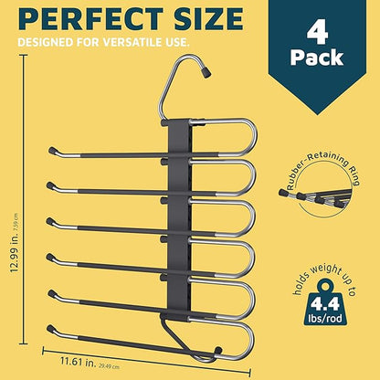 Lifemaster Space Saving Pants Hangers 4 Pack, 6 Layer Jeans Hangers & Closet Organizer for Jeans, Scarves, & Skirts, Multi-Layer Hanger with Anti-Slip Stopper, Heavy-Duty S-Type Stainless Steel, Gray