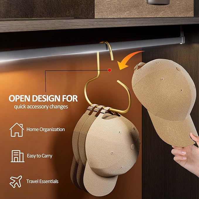 6 Pcs Hat Hanger Gold Hooks Organizer, Metal Shawl Belt Scarf Caps Tie Purse Storage Hangers Organizers Non-Slip Easy Access Open Hook Space Saving Multi-Functional Hooks