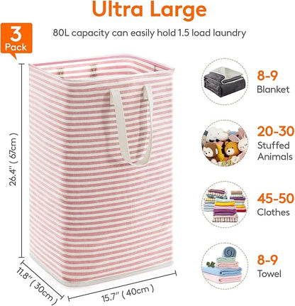 Lifewit 3 Pack Laundry Basket 80L Each, Collapsible Clothes Hamper with Reinforced Handles, Freestanding Waterproof Design for Bedroom and Laundry Room, Pink 240L Total