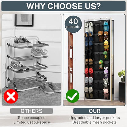 40-Pocket Over the Door Shoe Organizer, 2PCS Hanging Shoe Rack for Closet Door,Shoes Storage Holder Hanger with Large Mesh Pocket for Women Men Shoes,Flip Flops (Black2)