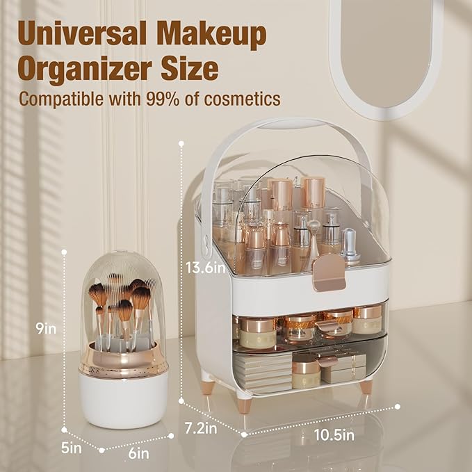 Makeup Organizer Countertop & 360° Rotating Makeup Brush Holder, Skincare Holder with Lid and Drawers, Storage Box Cosmetic Display Cases, Teen Girl Gifts, Vanity, Bathroom Counter,Rose Gold