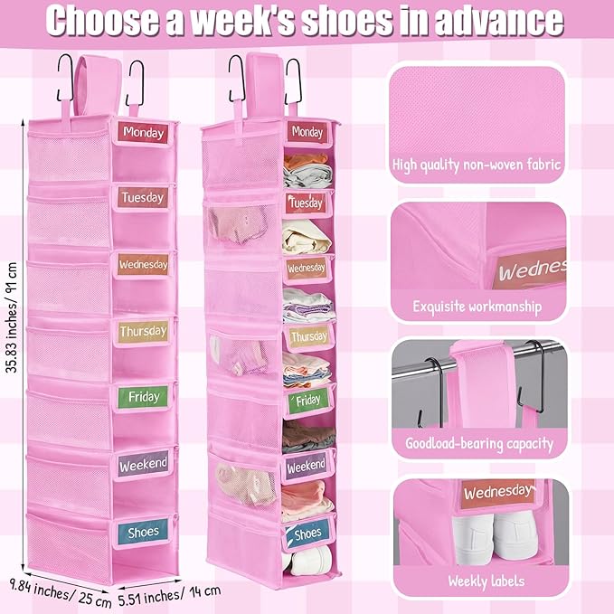 2 Pack 7 Shelf Weekly Clothes Organizer Hanging Closet for Kids with Side Pockets Weekday Shoes Rack Weekly Clothes Organizers Monday Through Weekend Foldable Storage Shelves(Pink)