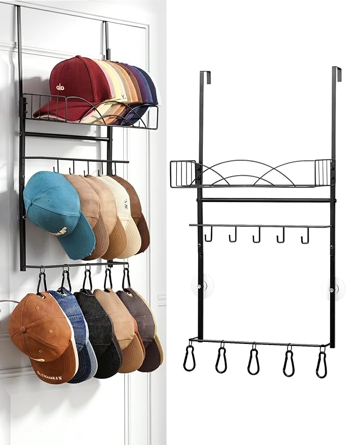 Metal Over Door Hat Rack for Baseball Caps- 3 Tier Wall Mounted Hat Rack with a Metal Basket, 5 Hooks and 5 Movable Hooks Design, Holds up to 40 Caps for Door, Bedroom & Closet