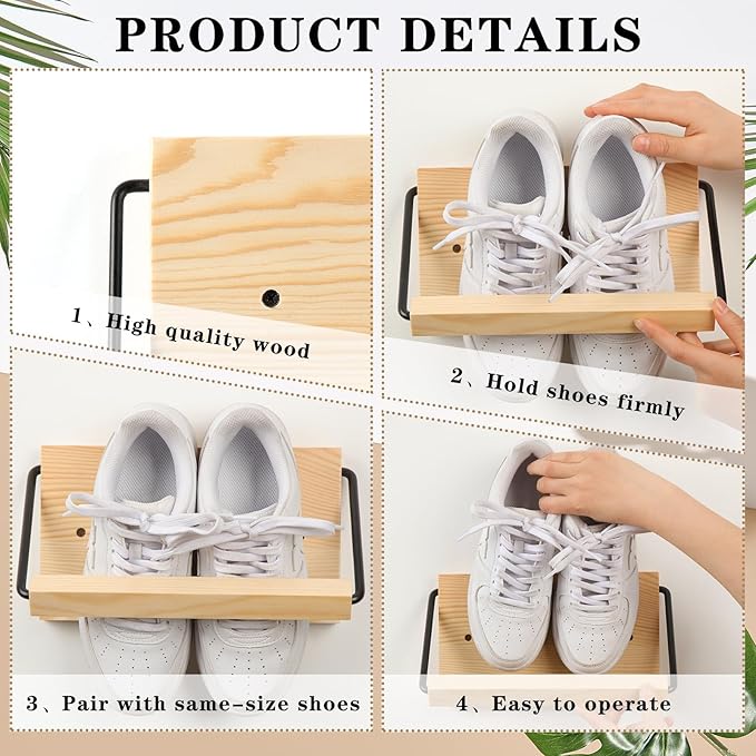 Mifoci 2 Pcs Wall Mounted Shoe Rack Organizer Wooden Modern Compact Wall Space Saving Shoe Holder Storage for Sneaker Footwear Slipper Boots Entryway Narrow Spaces Hallway(9.84'' Long)