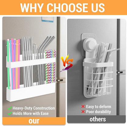 Carbon Steel Straw Holder for Cabinet – Heavy Duty Cabinet Straw Holder Organizer with Magnetic & Adhesive Mount, Organizer for Cabinet Door or Wall