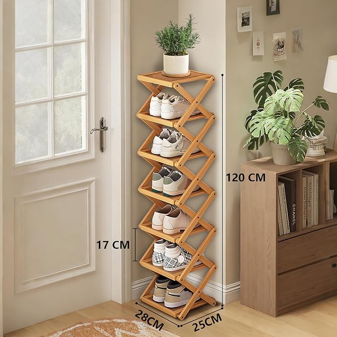 YYW Shoe Rack, Foldable Bamboo Shoes Shelf, Freestanding Shoe Storage Organiser for Entryway, Bedroom, Closet, Hallway - Functional, Natural Shoe Rack (Original, 7 Layers)