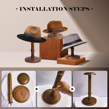 CHADWICK Vintage Style Hat Rack Stand, Rustic Brown Hat Display Stand Wood, Hat Rack Tabletop Cap Organizer and Display Rack, Wig Holder Cowboy Hat Rack Hat Organizer for Closet, Home Decor