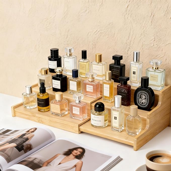Cologne Organizer for Men, 3-Tier Wooden Perfume Organizer, Adjustable & Extendable Makeup Organizer, Display Stand for Party, Makeup, Figures, Cupcake, Perfume, Dessert, 9.4in-15.7in