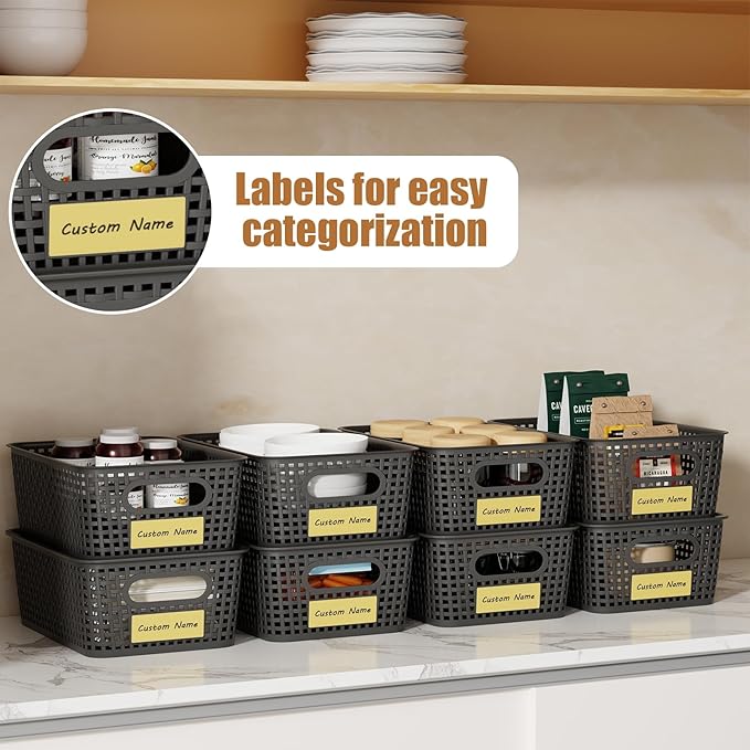 8 Pcs Plastic Storage Baskets with Plastic Lids and Labels 5.29qt Stackable Box Basket Pantry Decorative Containers, Small Storage Bins for Shelves Drawers Closets Bedrooms Office Cabinets 10*7.2*4.1"
