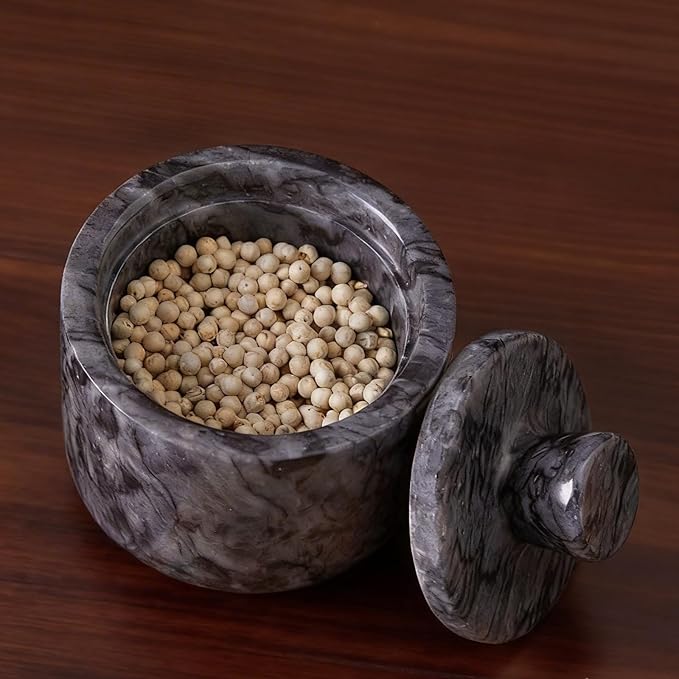 Natural Marble Salt Cellar with Lid, Stone Salt Bowl,Spice Jar,Handcrafted Seasoning Storage Box for Kitchen Container(Black)