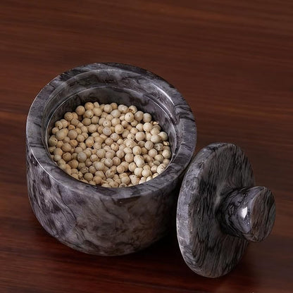 Natural Marble Salt Cellar with Lid, Stone Salt Bowl,Spice Jar,Handcrafted Seasoning Storage Box for Kitchen Container(Black)