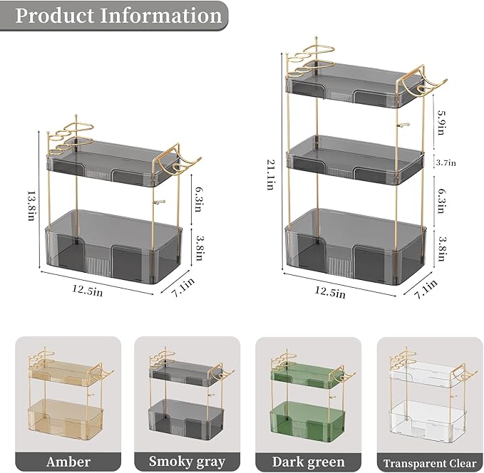 Akinbas 3 Tier Bathroom Organizer Countertop Makeup Perfume Tray Skincare Organizer Comes with Hair Dryer Rack and Toothbrush Holder for Bathroom Dresser Vanity (Grey)