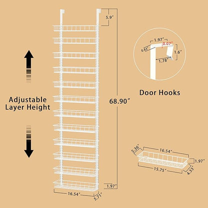 Churboro Over the Door Pantry Organizer Rack with 12 Adjustable Baskets, 12 Tiers Dual-use Spice Rack- Hanging or Wall Mount Spice Rack, Pantry Door Organizer, White