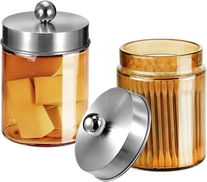 3 Pack Apothecary Jar Canisters Bathroom Vanity Organizer - Qtip Holder Storage Organizer Set Countertop Canister with Stainless Steel Lids &Cute Stickers for Qtips,Cotton Swabs,Makeup Sponges,Floss