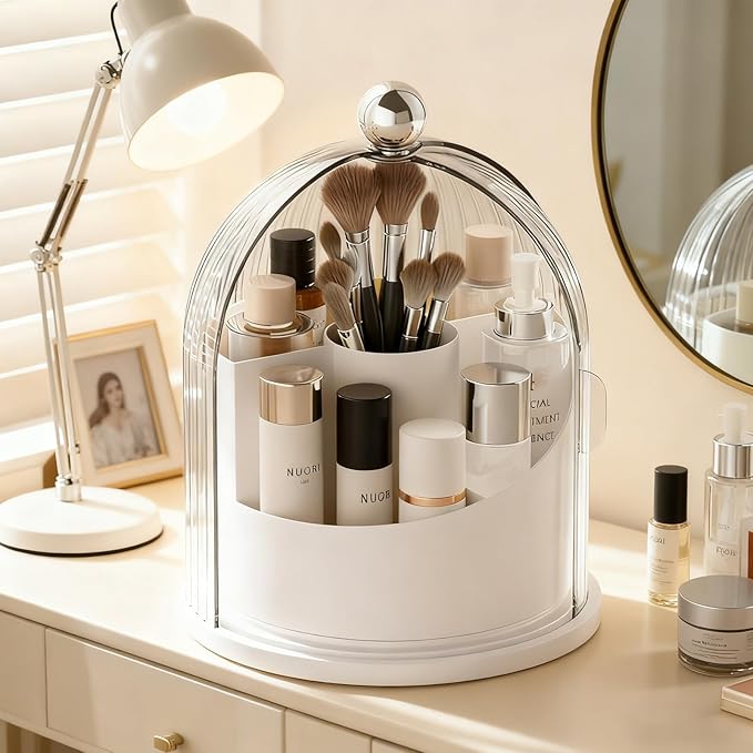 Makeup Brush Holder Organizer with Lid,360° Rotating Makeup Organizer Countertop,5 Compartments Make Up Brush Organizers for Makeup Brushes,Cosmetics,Skincare,Nail Polish,Toothbrush,Dustproof