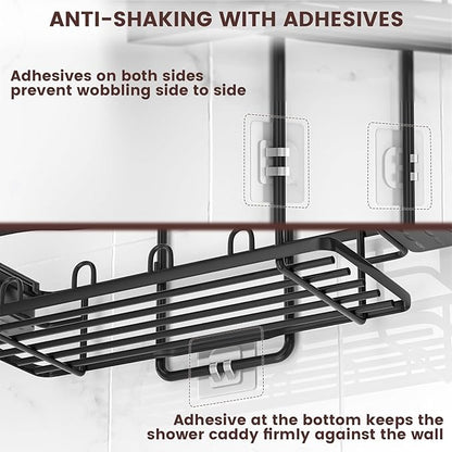REINHARDT Shower Caddy Hanging, Rustproof Shower Caddy Anti-Swing Shower Organizer Over Showerhead No Drilling Shower Racks with Soap Holder Multi Hooks Bathroom Storage for Shampoo Sponge, Black