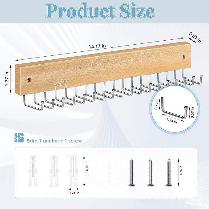 Tie Rack Belt Hanger Wall Mounted, Lomrsiul Non Slip 180 Degree Rotating Tie Organizer for Men Closet with 18 Hooks Closet Organizers and Storage for Tie Belt Necklace Purse Scarf Bag Natural 1 Pack