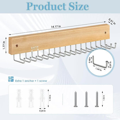 Tie Rack Belt Hanger Wall Mounted, Lomrsiul Non Slip 180 Degree Rotating Tie Organizer for Men Closet with 18 Hooks Closet Organizers and Storage for Tie Belt Necklace Purse Scarf Bag Natural 1 Pack