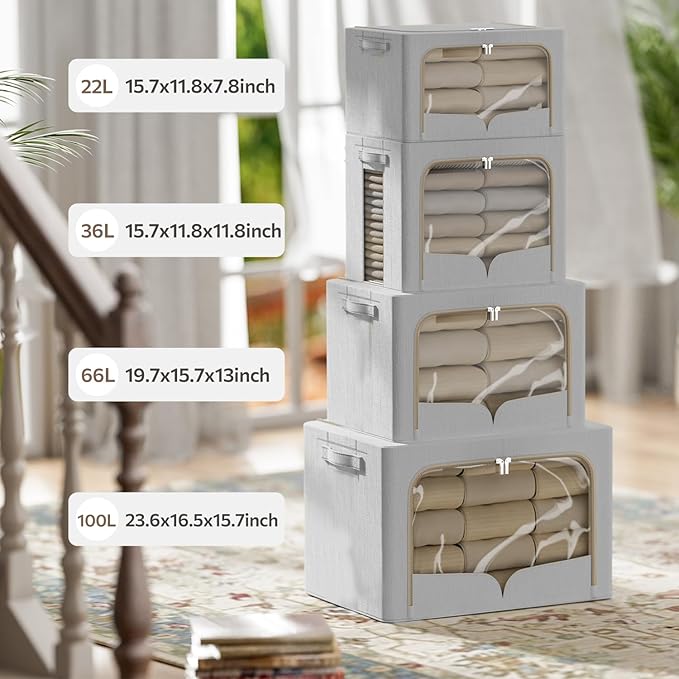 FHSQX 3 Pack Clothes Storage Bins - Foldable Metal Frame Storage Box - Stackable Linen Fabric Container Organizer Set with Carrying Handles and Clear Window (Light Gray, 19.7x15.7x13inch(66L))