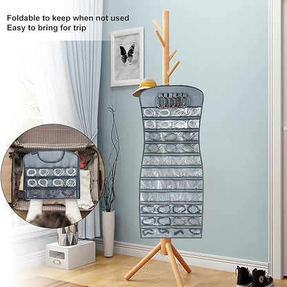 Hanging Jewelry Organizer Dual Sided 84 Clear Pockets and 6 Hook Loops Storage for Holding Jewelries Hair Accessories Dress Shaped Earring Holder (84 Pockets and 6 Hook Loops -Grey)