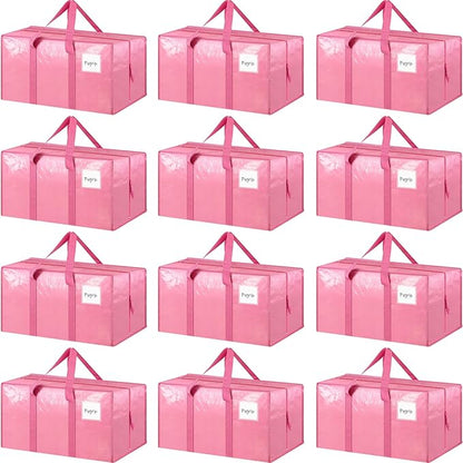 12 Pack Extra Heavy Duty Large Moving Bags with Strong Zipper & Comfortable Handles, Sturdy & Durable Clothes Storage Bags Totes Bins, Packing Moving Boxes for College Supplies, Pink
