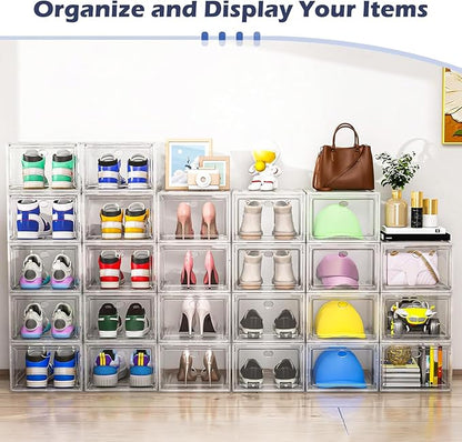 Shoe Storage Box, 9 Pcs Shoe Box Clear Plastic Stackable, Sturdy Foldable Shoe Organizer Containers with Magnetic Door for Women/Men, White