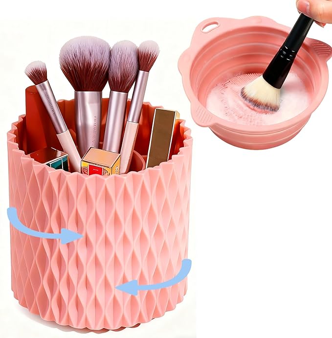 YLYZ Makeup Brush Holder with Cleaning Bowl, Makeup Brush Organizer Cosmetic Display Cases, Hair Brush Holder for Vanity, Pink