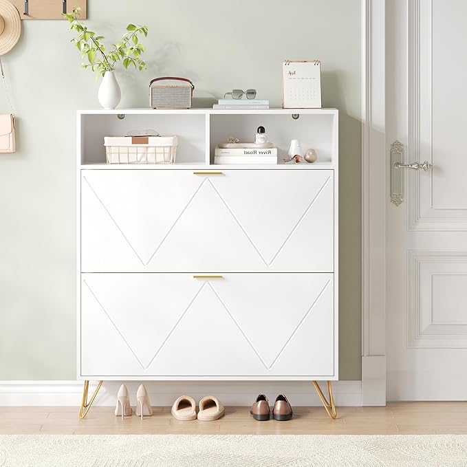 Shoe Cabinet Storage for Entryway, White Shoe Organizer with 2 Flip Drawers & Open Shelf, Hidden Large Shoe Storage Cabinet with Metal Legs, Freestanding Tipping Bucket Shoe Cabiet