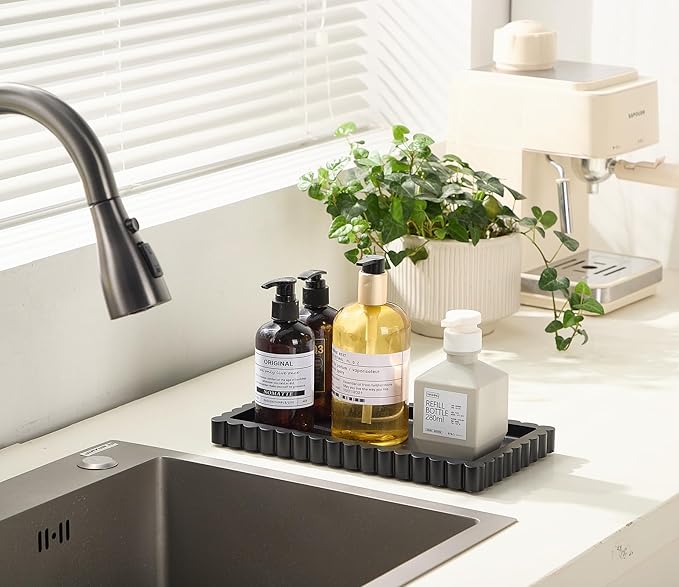Scalloped Bathroom Vanity Tray for Countertop- Small Concrete Modern Industrial Minimalist Counter Vanity Organizer Tray for Dresser- Decorative Tray-11.8"L x 6.37"W x 1"H- Charcoal Black- Water-proof