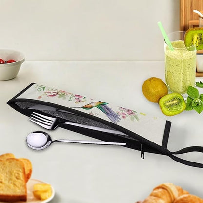 Hummingbird Flower Portable Travel Tableware Bag Flatware Storage Bag Case Travel Utensils Cutlery Bag for Fork Spoon, Chopsticks,11.8 Inch Camping Organzier