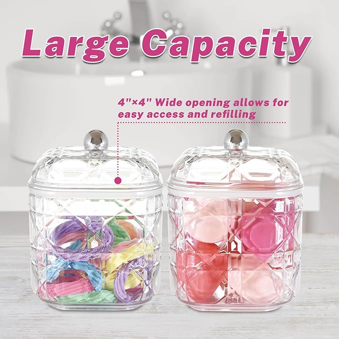 2-Pack Scrunchies Holder, 30oz Q-tip Holder, Plastic Bathroom Canisters, Elegant Vanity Storage Containers for Hair Accessories & Beauty Supplies
